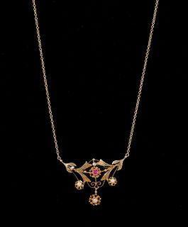 14k Gold Necklace and Pendant with Seed Pearls