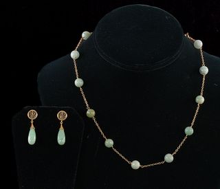 Chinese 14K Jadeite Necklace and Earrings
