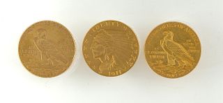 Three $2.50 Indian Head Gold Quarter Eagle Coins