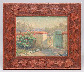 Arts & Crafts Period Garden Painting & Hand-Carved Frame 1912