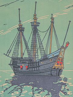 Richard A. Loederer (1894-1981) Color Woodcut Galleon Ship c1920s