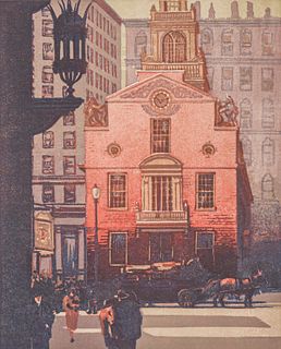 Louis Novak (1903-1983) Color Woodcut "The Old State House, Boston" 1949