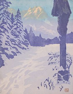 Hans Neumann (1873-1957) German Large Color Woodblock Mountain Landscape c1905