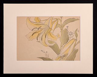 Arts & Crafts Period Floral Color Woodcut c1920s