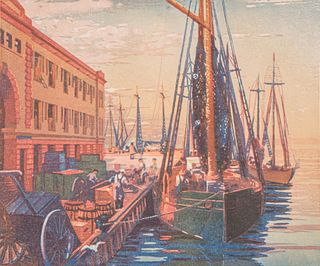 Louis Novak (1903-1983) Color Woodcut "Fish Pier, Boston" c1940