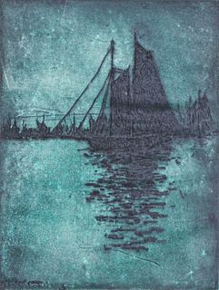 Edward T. Hurley (1869-1950) Colored Etching Nocturnal Sailboat 1917