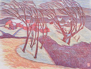 James Dexter Havens (1900-1960) Color Woodcut "Wind and Snow" 1938
