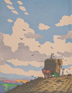 John Hall Thorpe (1874-1947) Color Woodcut â€œHaymakersâ€ c1920