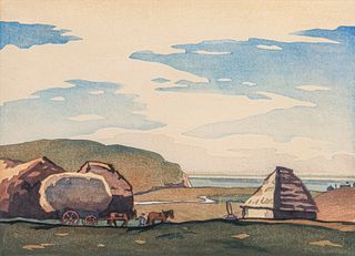 Eric Slater (1896-1963) Color Woodcut "The Stack Yard" 1938