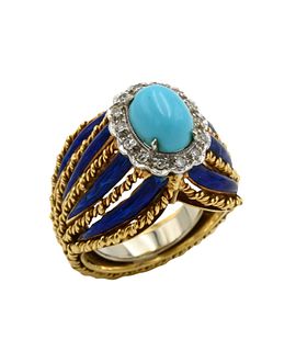 14K Yellow Gold, Turquoise, and Diamond Cocktail Ring