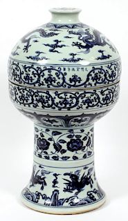 CHINESE BLUE ON WHITE COVERED DRAGON MOTIF JAR