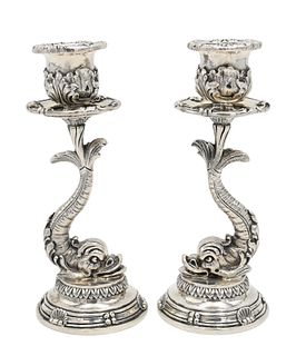 Pair of Italian .800 Standard Silver Dolphin Form Small Candlesticks