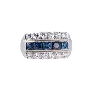 Mid Century Platinum Diamond Sapphire Ring