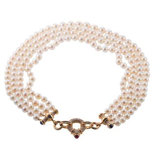 French 18k Gold Diamond Pearl Sapphire Ruby Necklace
