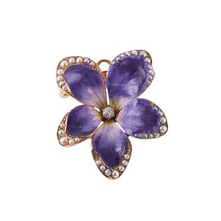 Antique Gold Diamond Pearl Enamel Flower Brooch Pendant