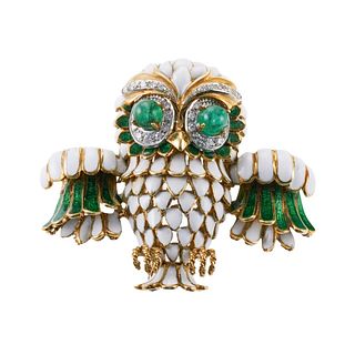 Frascarolo 18k Gold Emerald Diamond Enamel Owl Brooch