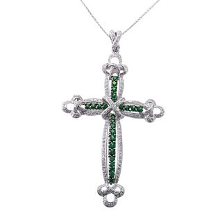 18k Gold Green Garnet Diamond Large Cross Pendant Necklace