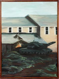 J RENO OIL ON CANVAS TANK ATTACKING BUILDING