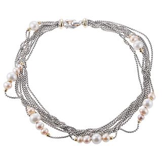 David Yurman Silver Gold Pearl Multi Strand Necklace
