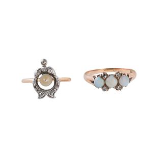 Antique 14k Gold Diamond Pearl Opal Ring Lot of 2