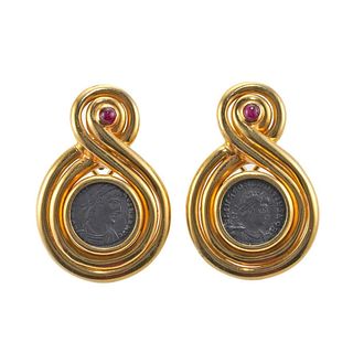 1980s Vintage Ancient Coin Ruby Gold Earrings