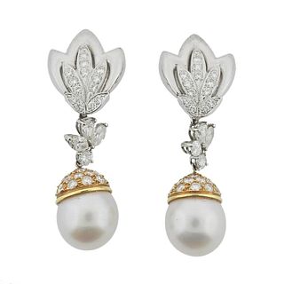 Vintage Gold Diamond South Sea Pearl Cocktail Earrings