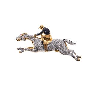 18k Gold Horse Jockey Diamond Enamel Brooch Pin