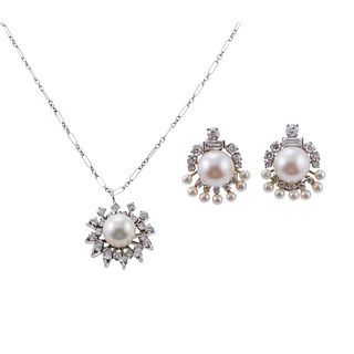 Midcentury Platinum Diamond Pearl Earrings Gold Necklace Set