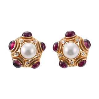 18k Gold Diamond Pearl Tourmaline Earrings