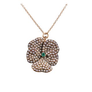 Antique 14k Gold Seed Pearl Pansy Flower Pendant Necklace