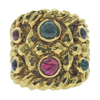 David Webb Emerald Sapphire Ruby Gold Ring