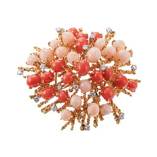 1970s 18k Gold Diamond Coral Brooch Pin