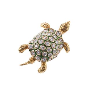 18k Gold Diamond Enamel Turtle Brooch Pin