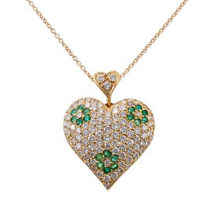 Gold Diamond Emerald Heart Pendant Necklace
