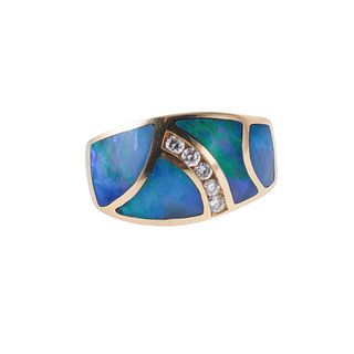Opal Mosaic Inlay Diamond 14k Gold Ring