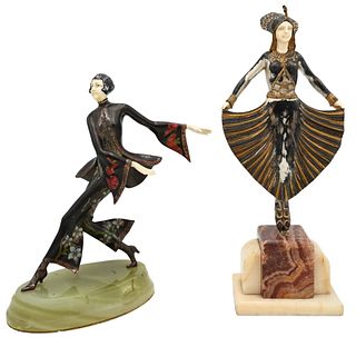 Two Cold Painted Metal Art Nouveau Figures on Hardstone Bases, Circa Early 20th Century