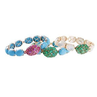 14k Gold MOP Ruby Emerald Diamond Bangle Bracelet Set of 3