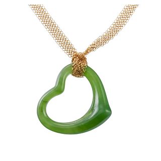 Tiffany & Co Peretti Mesh 18k Gold Jade Open Heart Pendant Necklace