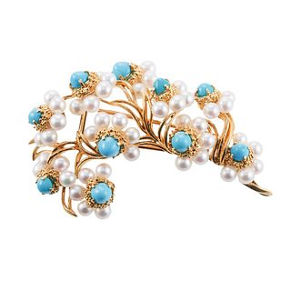 Cartier France 18k Gold Turquoise Pearl Brooch Pin