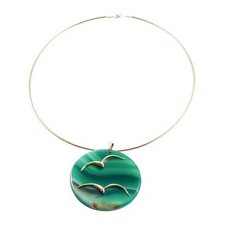 1970s 14k Gold Green Gemstone Seagull Pendant Necklace