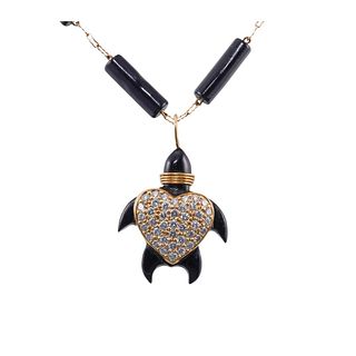 14k Gold Wood Diamond Turtle Pendant Necklace