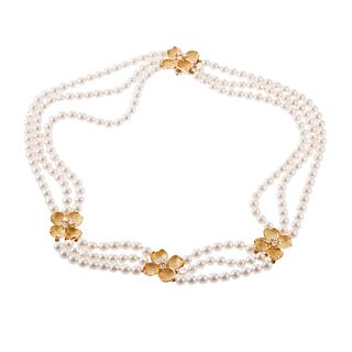 Tiffany & Co Gold Dogwood Flower Diamond Pearl Necklace