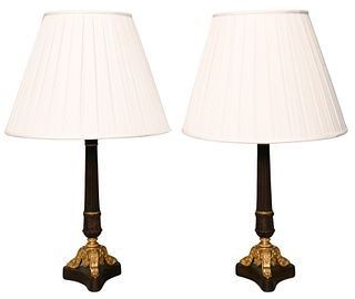Pair of French Spelta Column Lamps