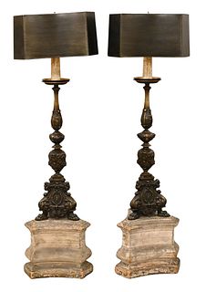 Pair of Tall Bronze Candle Pricketts Now Mounted on Three Sided Wooden Plinth Top