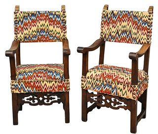 Pair of Italian Walnut Renaissance Revival Parcel-Gilt Decorated Tall-Back Arm Chairs