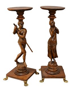 Pair of Pedestals Having Carved Male and Female Figural Supports