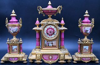 French Porcelain Three Piece Mantel Clock Set