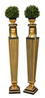 Pair of Neoclassical -Painted and Parcel- Gilt Egyptian Revival Figural Pedestals