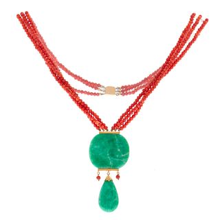 Jade, Coral, 14k Yellow Gold Necklace