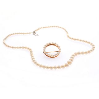 Cultured Pearl, 10k Necklace and Pin